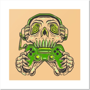 A skull gamer holding a green joystick controller and wearing headphone. Posters and Art